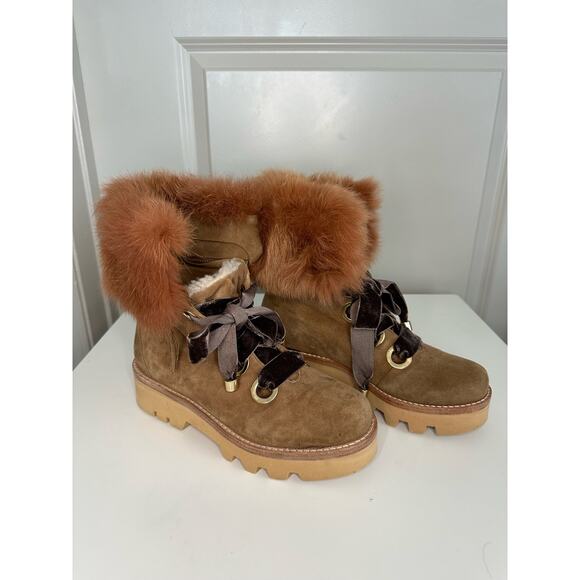 Rachel Zoe VAYL Kid Brown Suede Fur Cuffed Designer Hiking Boots Sz. 6.5 - Picture 1 of 14